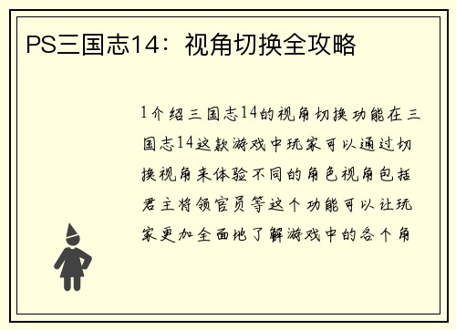 PS三国志14：视角切换全攻略